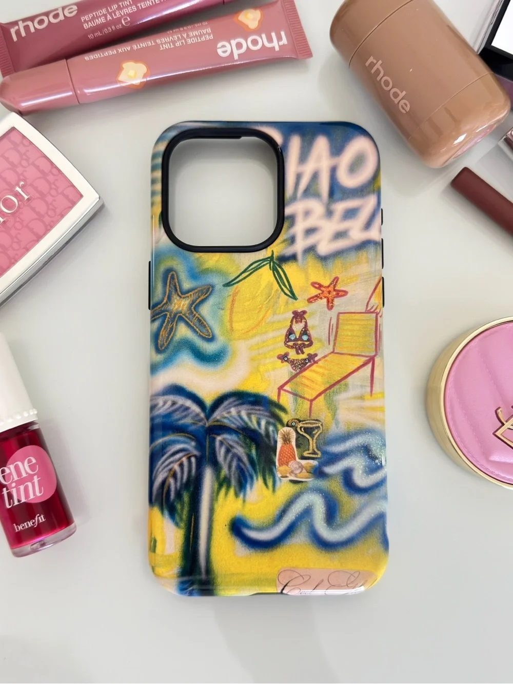 Beach Graphic Phone Case for iPhone 15 Pro Max - Yellow Blue Palm Design